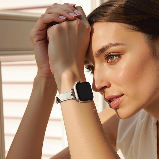 STIROLL Thin Leather Band Compatible with Apple Watch Bands 49mm 46mm 45mm 44mm 42mm (Series 3/2/1) Women, Stylish Top-Grain Leather Strap Slim Wristband for iWatch SE3/2/1 Series 10 9 8 7 6 5 4 Ultra, Ivory White/Starlight - Image 8