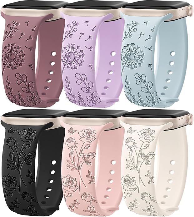 6 Pack Floral Engraved Silicone Bands Compatible for Apple Watch Band 38mm 40mm 41mm 42mm 44mm 45mm 46mm 49mm Women,Flower Sport Straps for iWatch Series 10 9 8 se Ultra 7 6 5 4 3 2 by EOMTAM