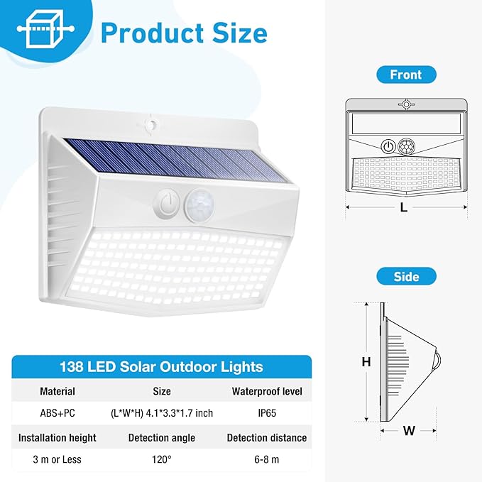 [2 Packs] Solar Lights Outdoor Motion Sensor, Solar Security Lights with 3 Lighting Modes Solar Wall Lights Waterproof Solar Powered Lights for Garden Fence Yard Deck, White - Image 7
