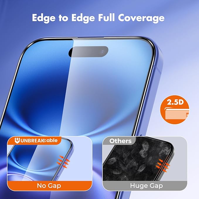 UNBREAKcable for iPhone 16 Screen Protector, 3-Pack Full Coverage Tempered Glass [Military Grade Shatterproof] [9H Hardness] [Easy Installation Frame] [Bubble Free] for iPhone 16 6.1" - Image 3