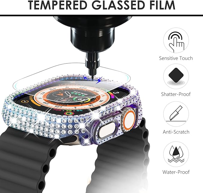 [2+1] Surace Compatible with Apple Watch Ultra 49mm Screen Protector Case, 400 Diamonds with Screen Protector Bling Case Tempered Glass Protective Cover for Apple Watch Ultra 49mm, Rainbow - Image 5