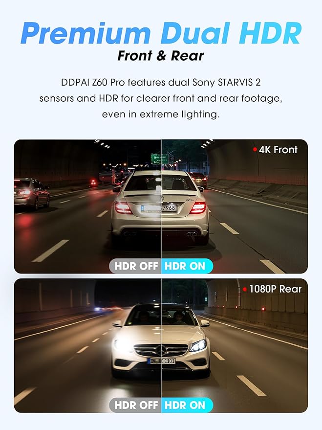 DDPAI 4K Dual Dash Cam Front and Rear, Dual STARVIS 2 IMX678 IMX662 Dashcam, Free 128G Card Included,Car Camera with 32G eMMC, 3K/60FPS, 5G WiFi GPS, 3" IPS, Night Vision, 24H Parking Mode, Z60 Pro - Image 6