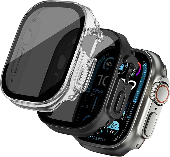 2 Pack Privacy Case for Apple Watch Screen Protector, Anti-Spy Tempered Glass Film Apple Watch Cover Hard PC Case Bumper for iWatch Ultra 2/1 - Black/Clear 49mm by KUYUBMINYR