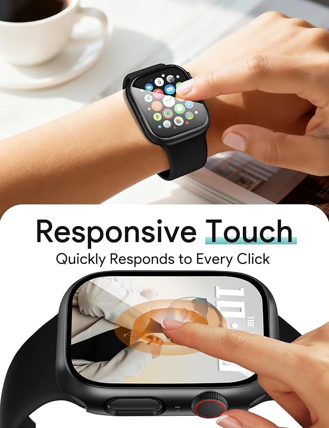 JR.DM 46mm 2 Pack Hard PC Case with HD Tempered Glass Screen Protector for Apple Watch Series 10/11 (2025), Guard Bumper Full Coverage Protective Anti-Scratch Face Cover for iWatch, Black+ Black - Image 4
