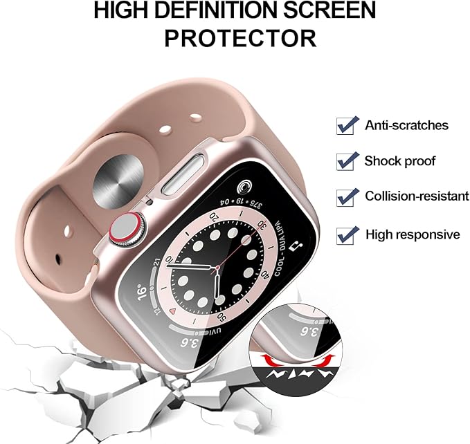 2 Pack Hard PC Case Compatible with Apple Watch Series 9/8/7 45mm, Case with Tempered Glass Screen Protector Overall Bubble-Free Cover for iWatch 9/8/7 Accessories, (Black+Rose Gold, 45mm) - Image 2