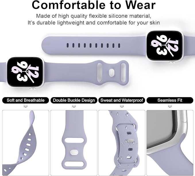 Sport Band Compatible with Apple Watch 38mm 40mm 41mm 42mm 44mm 45mm 46mm 49mm, Replacement Soft Silicone Strap Wristbands for iWatch Series 11/10/9/8/7/6/5/4/3/2/1 Ultra SE Women Men, Lavender Gray - Image 3
