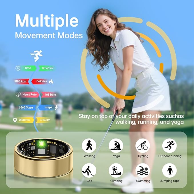 Smart Ring for Women & Men, Health Tracker Ring with Heart Rate, Blood Oxygen,Blood Pressure, IP68 Waterproof Fitness Ring, Sleep Tracker for iPhone and Android, No APP Fee (Gold, 9#) - Image 4