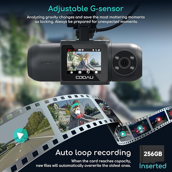 COOAU 4K Dash Cam with 256GB Card & GPS Wi-Fi, D30S Dual Dash Cam Front and Inside 2.5K+1080P, Dashcam with Infrared Night Vision, Dash Camera with 4 IR LEDs, G-Sensor, Parking Mode, Loop Recording - Image 8