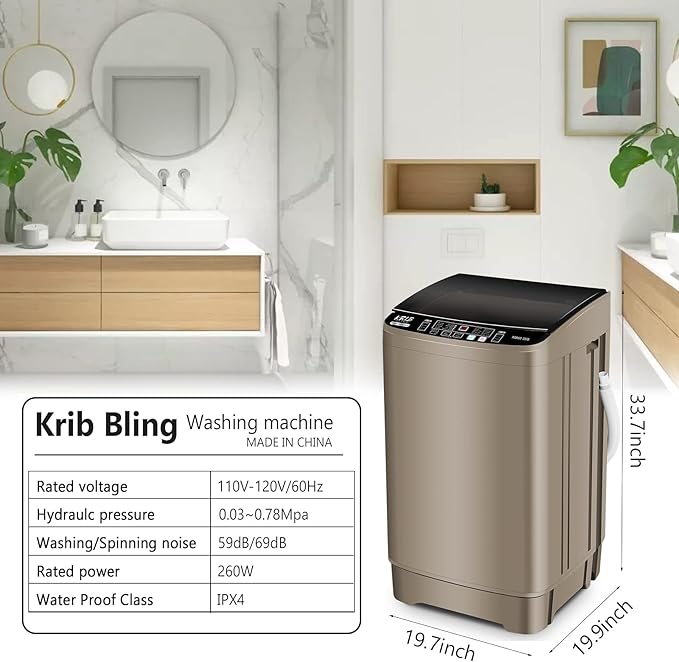 KRIB BLING Full Automatic Washing Machine with LED Display, 17.7 lbs Portable Washer Drain Pump, 10 Programs & 8 Water Levels Selections, Ideal for RV, Camping, Apartment, Dorm, Gold - Image 3