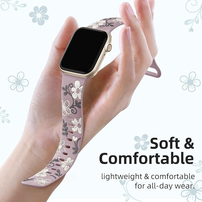 Witzon Floral Band Compatible with Apple Watch Bands For Women 40mm 41mm 38mm 42mm 44mm 45mm 46mm 49mm, Engraved Cute Flower Silicone Dressy Strap for iWatch Series 11 10 9 8 7 6 5 4 3 2 SE Ultra - Image 3