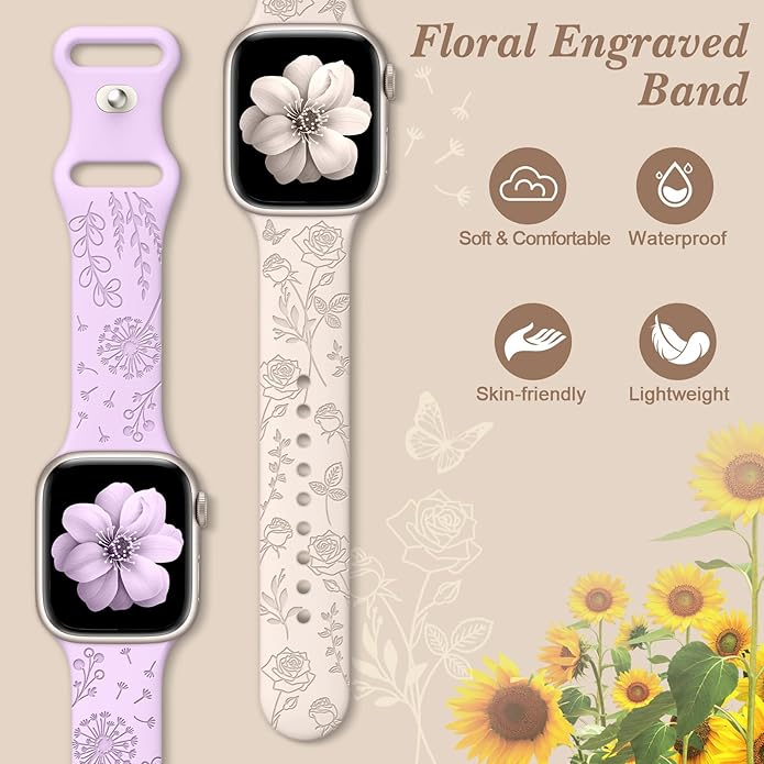 6 Pack Floral Engraved Silicone Bands Compatible for Apple Watch Band 38mm 40mm 41mm 42mm 44mm 45mm 46mm 49mm Women,Flower Sport Straps for iWatch Series 10 9 8 se Ultra 7 6 5 4 3 2 - Image 2