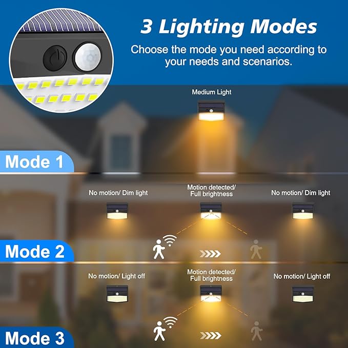 Solar Motion Sensor Outdoor Lights [138 LED/2 Packs] Solar Security Light Outdoor with 3 Lighting Modes Solar Powered Lights Waterproof for Outside Wall Garden Fence Backyard Deck, Warm White - Image 3