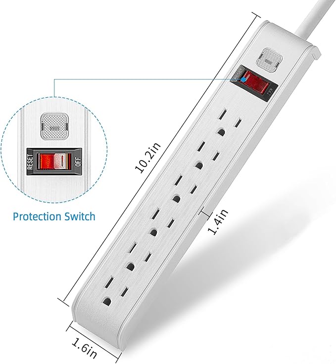 TiFFCOFiO Surge Protector Power Strip, 4 Feet Extension Cord, 600 Joules Surge Protection, Multiple Protection 6 Outlet Strip, 14 AWG Cord, 15A/1875W, ETL Listed - Image 5