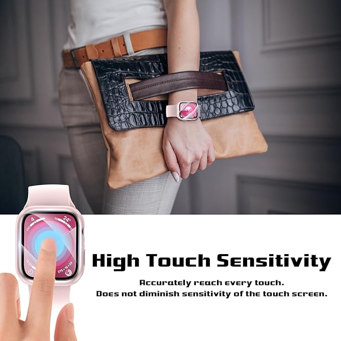 2 Pack Hard Case for Apple Watch Series 9 Series 8/7 45mm Screen Protector, Tempered Glass Bumper Anti-Scratch HD Ultra-Thin Protective Face Cover for iWatch Series 9/8/7 45mm, Original Pink - Image 4