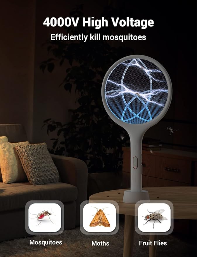 YISSVIC Electric Fly Swatter 4000V Bug Zapper Racket Dual Modes Mosquito Killer with Purple Mosquito Light Rechargeable for Indoor Home Office Backyard Patio Camping - Image 2