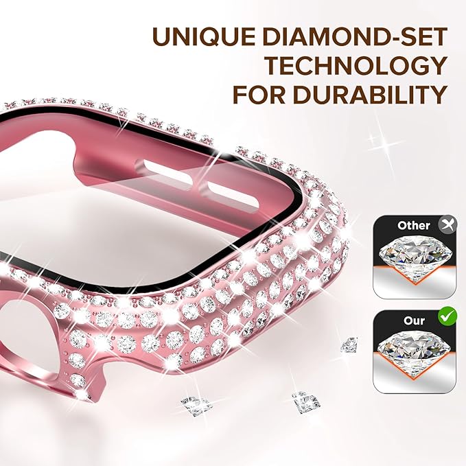 KADES Compatible with Apple Watch Series SE 6 5 4 with Built-in Tempered Glass Screen Protector Bling Crystal Diamond Rhinestone Full Protective Bumper Cover for Women (40mm,Pink) - Image 4