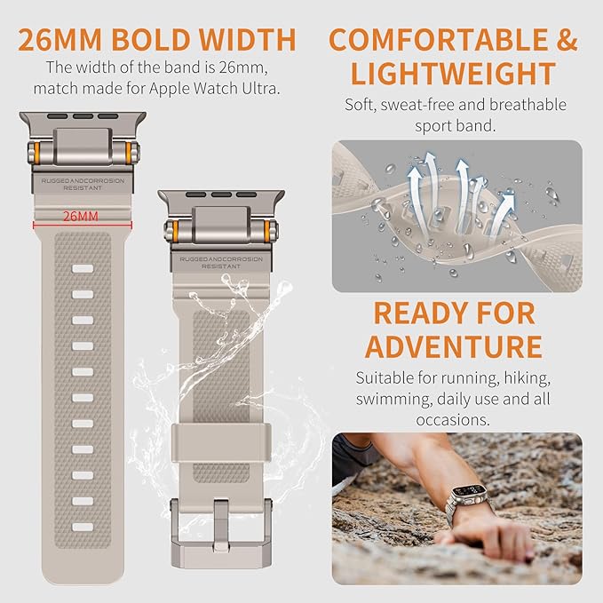 FOAMUNOC Rugged Band Compatible with Apple Watch Ultra 3/2/1 Band 49mm/46mm/45mm/44mm/42mm, Metal Connector with Strap for iWatch Ultra Series 11/10/9/8/7/6/SE3/SE2/SE/5/4/3/2/1, Starlight/Titanium - Image 3