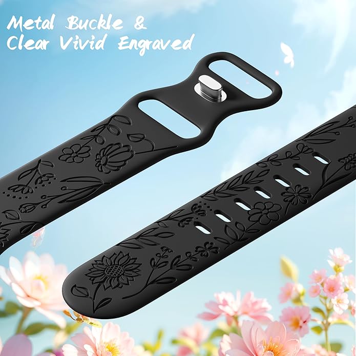 SNBLK 6 Pack Floral Engraved Bands Compatible with Apple Watch Bands 40mm 41mm 42mm 38mm 44mm 45mm 46mm 49mm Women Men, Silicone Flower Pattern Strap for iWatch Series 11 10 Se Ultra 9 8 7 6 5 4 3 2 1 - Image 3