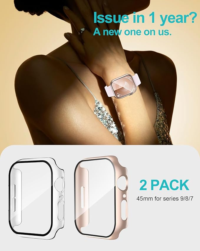 Smiling 2 Pack Case Compatible with Apple Watch Series 9/8/7 45mm with Tempered Glass Screen Protector, Hard PC Case Overall Protective Cover- 1 Rose Gold + 1 Transparent - Image 5