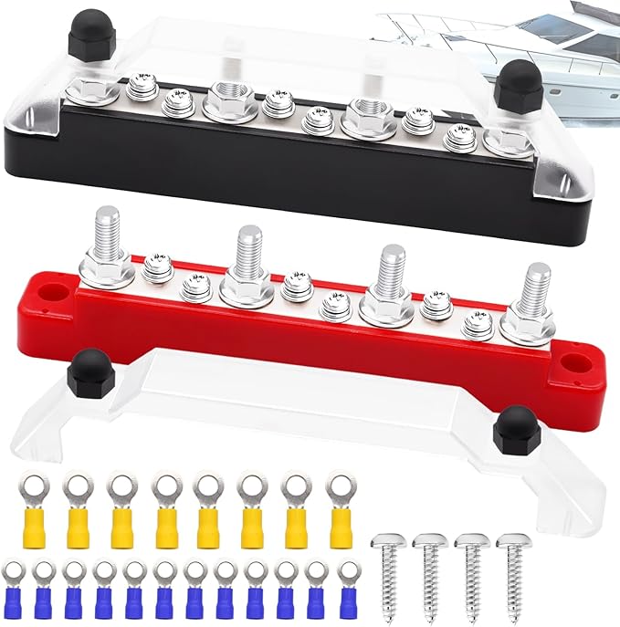 150A 12V Bus Bar Marine, 1/4" Power Distribution Block, Battery Buss Bar, Automotive Busbar Terminal Block for Car and Boat, 4 x 1/4" (M6) Posts, 6 x #8 (M4) Screws Terminals (Black+Red) by Aienxn