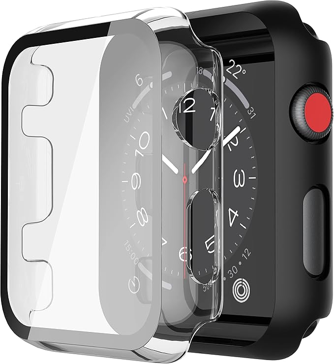 Misxi 2 Pack PC Case with Tempered Glass Screen Protector Compatible with Apple Watch Series 3 Series 2 42mm, HD Overall Shockproof Protective Cover for iWatch, 1 Black + 1 Transparent by Misxi