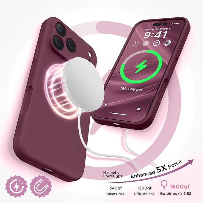 GolbinBox Magnetic for iPhone 17 Pro Max Case, Compatible with MagSafe, [Full Camera Protection] [Screen Protector], Silicone Shockproof Phone Cover with Anti-Scratch Microfiber Lining, Wine Red - Image 5