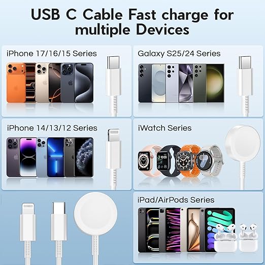 for Apple Watch Charger 3 in 1 Fast Charging Cable with USB C Charger Block and 6FT Magnetic iWatch Cable Cord for iWatch Series Ultra 3/2/SE/11/10/9/8/7/6/5/4/3/2,iPhone17 15 16 Pro Max/14/13/12 - Image 6