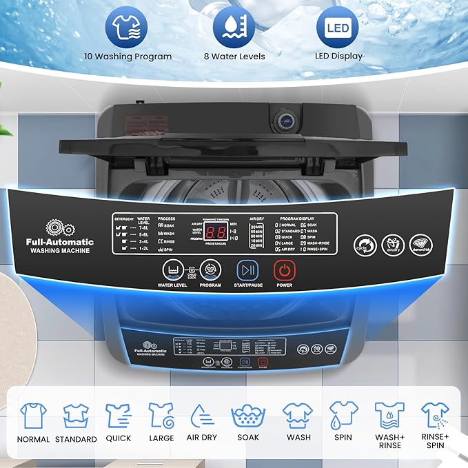 Nictemaw Portable Washing Machine 17.8 lbs, 2.4 Cu.Ft Full-Automatic Washer with Drain Pump, 10 Programs & 8 Water Levels, Efficient Compact Laundry Washer for Small Homes, Apartments, RVs, Dorms - Image 3