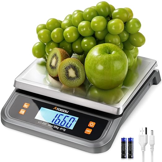 Atogou 66lb Food Scale, Commercial Kitchen Scale Plug-in Usable with Full View LCD Display, Stainless Steel, for Baking, Bread, Cooking, Meat, Vegetables, Farm, Industry LC200 Grey by ATOGOU