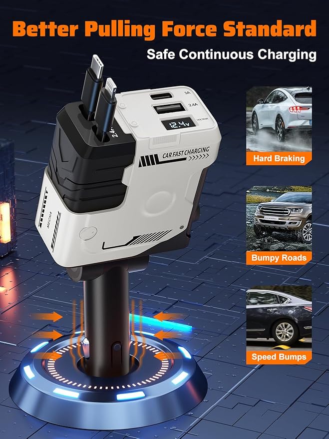Retractable Car Charger with Retractable Cables (31.5 inch), 4 in 1 Super Fast Car Phone Charger, 2 USB Ports Car Charger Adapter, Compatible with iPhone 15 14 13 12 11 Pro Max, iPad, Pixel - Image 6