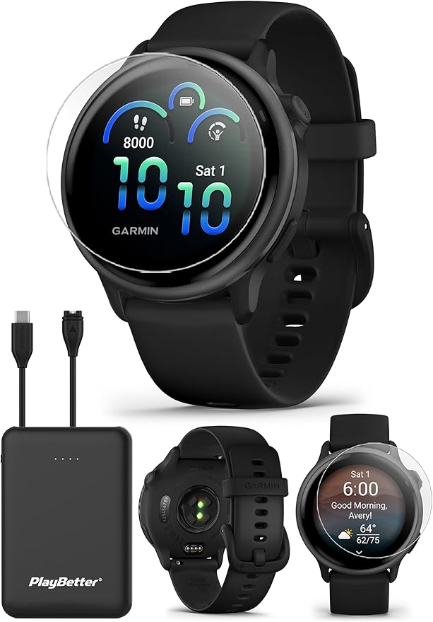 Garmin vivoactive 6 (Slate/Black) Fitness GPS Smartwatch Bundle - AMOLED Health Watch, 11-Day Battery Life, Body Battery, Music Storage with PlayBetter Screen Protectors & Portable Charger by PlayBetter