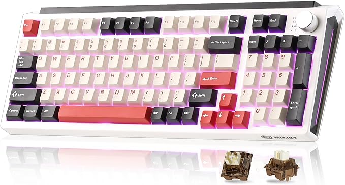 K98 Wireless Mechanical Keyboard,Tri-Mode BT5.0/2.4GHz/USB-C Hot Swappable Custom Keyboard,Gasket Structure,RGB Backlit Gaming Keyboard for Win & Mac(White&Red,Cocoa-V2 Switch) by MIKIBY