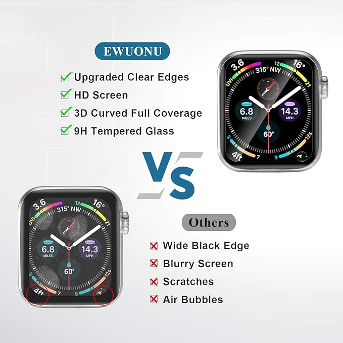 [2 Pack] Tempered Glass Screen Protector 40mm Compatible for Apple Watch Series 6/5/4/ SE 3, EWUONU Full Coverage Waterproof 3D Curved Edge Anti-Scratch Bubble Free HD Clear Screen Film for iWatch Accessories(40mm) - Image 4