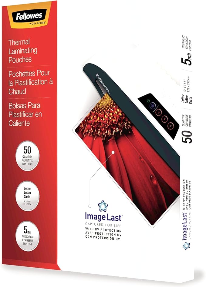 Fellowes Thermal Laminating Pouches, ImageLast, Jam Free, Letter Size, 5 Mil, 50 Pack (5204002) by FellowesBrands