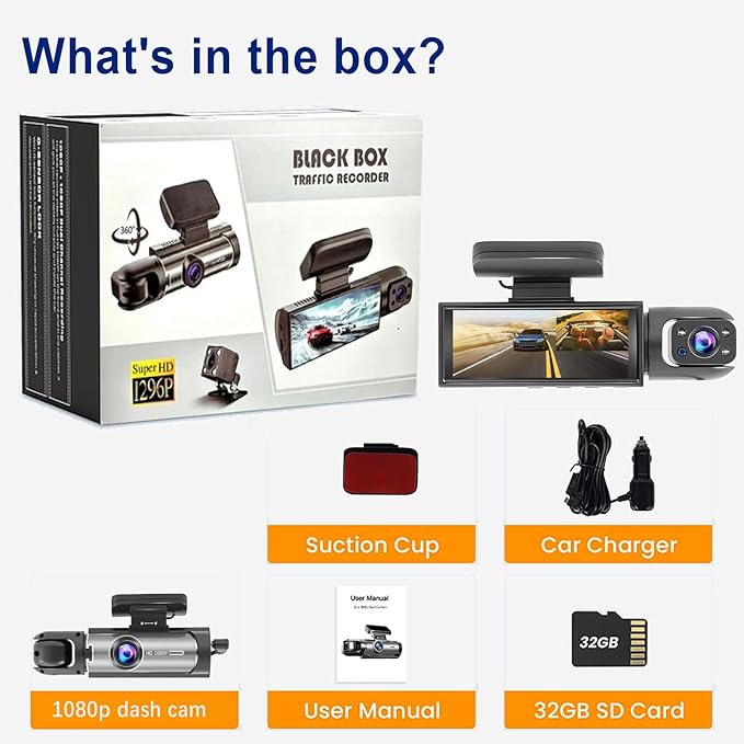 Dash Cam Front and Inside, 1296P Dual DashCams for Car, 3.16 Inch IPS Screen Driving Recorder with IR Night Vision, Loop Recording, Wide Angle Lens, 24H Parking Traffic Recorder with 32GB TF Card - Image 7