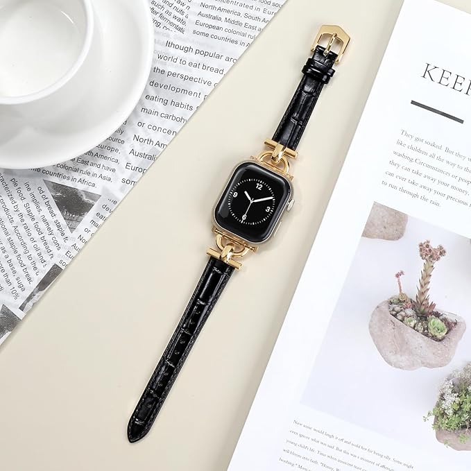 Leather Band Compatible with Apple Watch Bands for Women, Dressy Fancy Strap for iWatch Series 11/10/9/8/7/6/5/4/3/2/1/se/Ultra/Ultra 2(49mm 46mm 45mm 44mm 42mm,Black/Gold) - Image 3