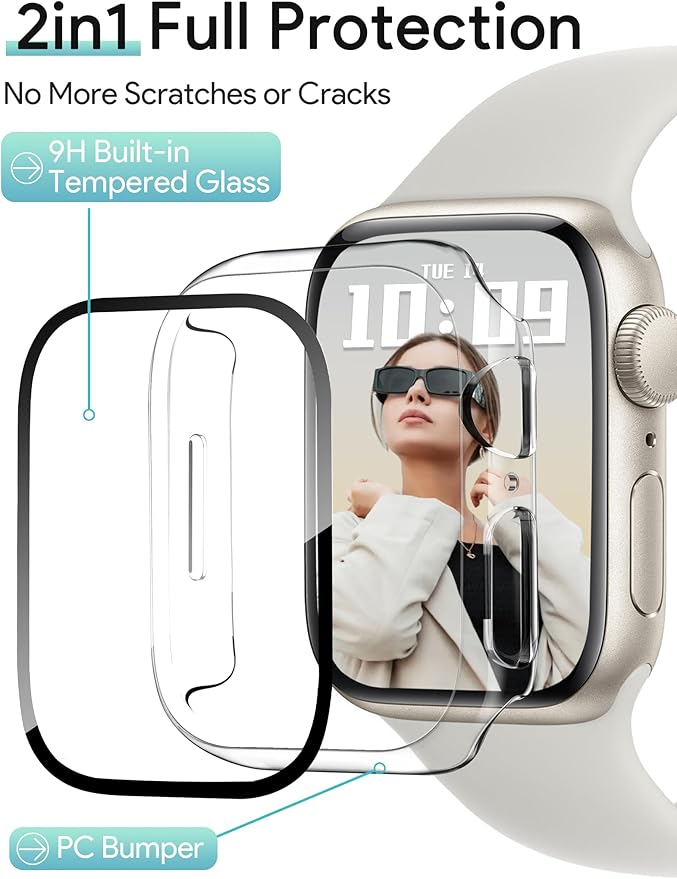 JR.DM 41mm 2 Pack Hard PC Case with HD Tempered Glass Screen Protector for Apple Watch Series 9/8/7, Slim Guard Bumper Full Coverage Protective Anti-Scratch Face Cover for iWatch, Clear+Clear - Image 3