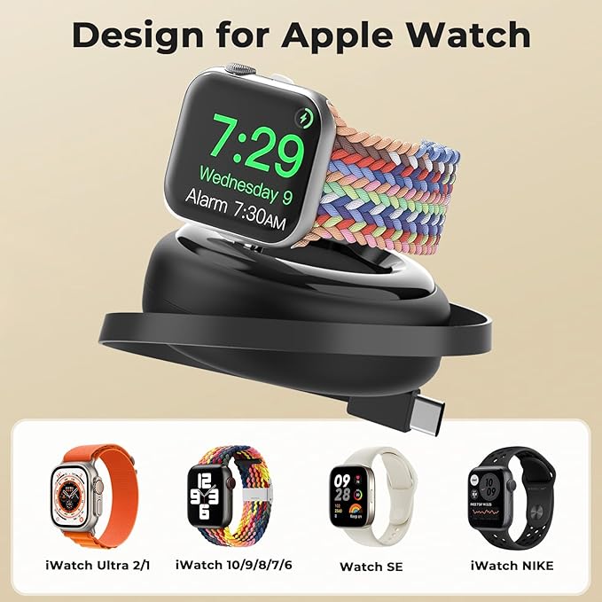   for Apple Watch Retractable Charger Stand, Portable Wireless Magnetic Fast Charging Station with 2.8 ft Retractable USB C Cable for iWatch Series Ultra/10/9/8/7/6/SE/5/4/3/2 - Image 2