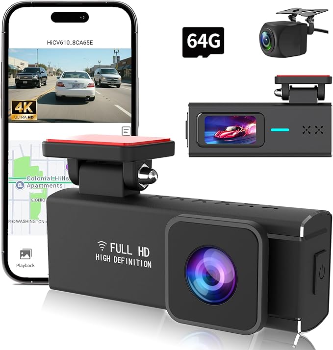 Dash Cam Front and Rear, 4K+1080P Full HD Dash Camera for Cars, with 64GB Card, Loop Recording, G-Sensor, Night Vision, 24H Parking Mode, Built in WiFi, App Control, 1.47" Screen - Image 5