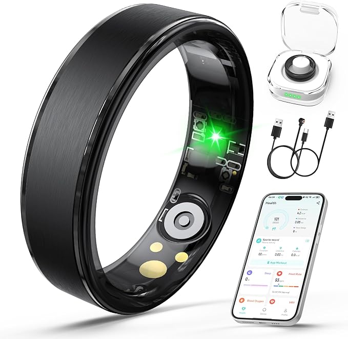 Smart Ring for Women Men, Health Fitness Tracker Ring with Heart Rate/Sleep Tracker/Blood Oxygen/HRV/Stress/Calorie/Steps, IP68 Waterproof for iOS & Android, No APP Fees(Black,10#) by CraftedforRealLife