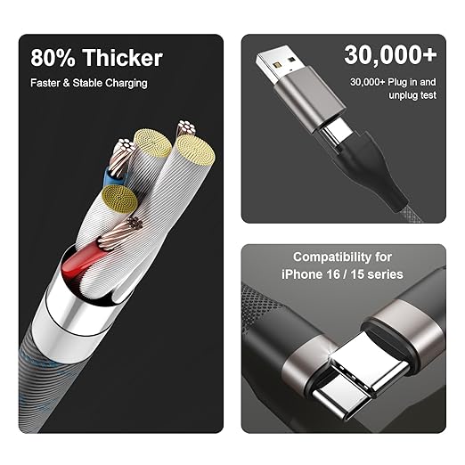 3 in 2 Multi Charging Cable for Apple Watch, iPhone & Galaxy - USB C/Lightning/Micro Fast Charger, Compatible with iWatch Ultra/SE/10-1 & iPhone 16-12/S24 (4FT Nylon Braided) - Image 6