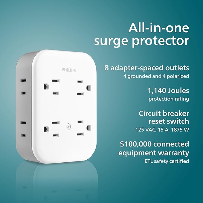 Philips All-in-One Surge Tap, 4 Grounded & 4 Polarized Outlets, 1140 Joules, Adapter-Spaced Design, ETL Certified, White/Gray, SPP3993W/37 - Image 3