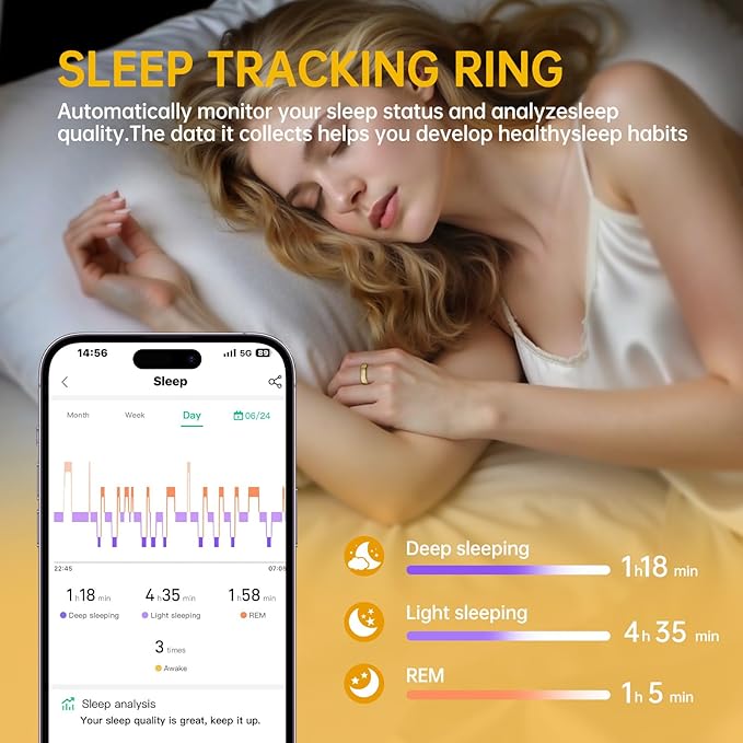 Smart Ring for Women & Men, Health Tracker Ring with Heart Rate, Blood Oxygen,Blood Pressure, IP68 Waterproof Fitness Ring, Sleep Tracker for iPhone and Android, No APP Fee (Gold, 9#) - Image 7