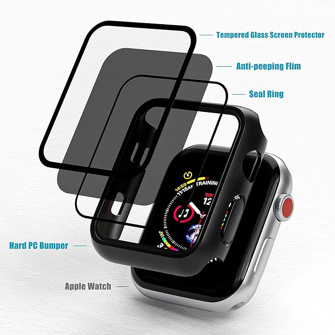 2 Pack Privacy Case for Apple Watch Screen Protector, Anti-Spy Tempered Glass Film Apple Watch Cover Hard PC Case Bumper for iWatch Series 3/2/1 - Black/Clear 38mm - Image 4