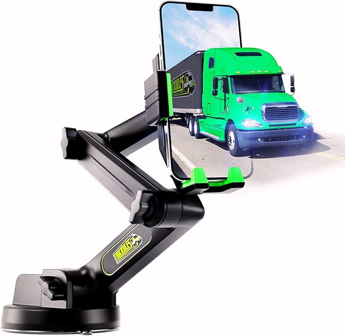 Cell Phone Mount for Truck Phone Holder for Truck Drivers - Heavy Duty Suction Cup, iPhone Holder for Dashboard Window 16.9 inch Long, for iPhone & Samsung, Semi Trucker, Green by Truckules