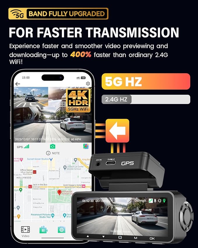 FOCUWAY Dash Cam Front and Rear, Real 4K@30fps/2K@60fps+1080P@30fps Dash Camera for Car, Touchscreen, Voice Control, with GPS WiFi, HDR Night Vision, 64GB Card, 160 Wide Angle, 24H Parking Mode - Image 5