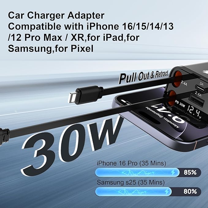 OneFish 12V&24V Retractable Cord 4 in 1 Fast Car Charger, 4Ports (PD30W+PD12W x3), Cigarette Lighter Chargers with USB Type C Ports Display, for iPhone 17 16 Pro Max Plus/iPad, Car Truck Essentials - Image 3