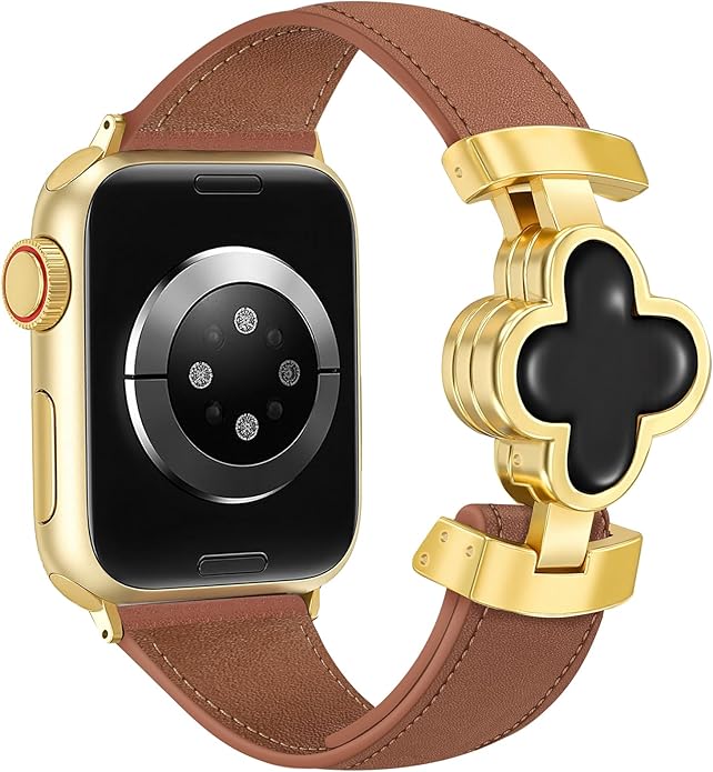 MOINSPIRE Designer Slim Leather Bands for Women,Lucky Four-Leaf Clover Cute Dressy Magnetic Watch Bands for iwatch Compatible with Apple Watch Series 11/10/9/8/7/6/5/4/3/2/1 SE 1/2/3 Ultra 1/2/3 by MOINSPIRE