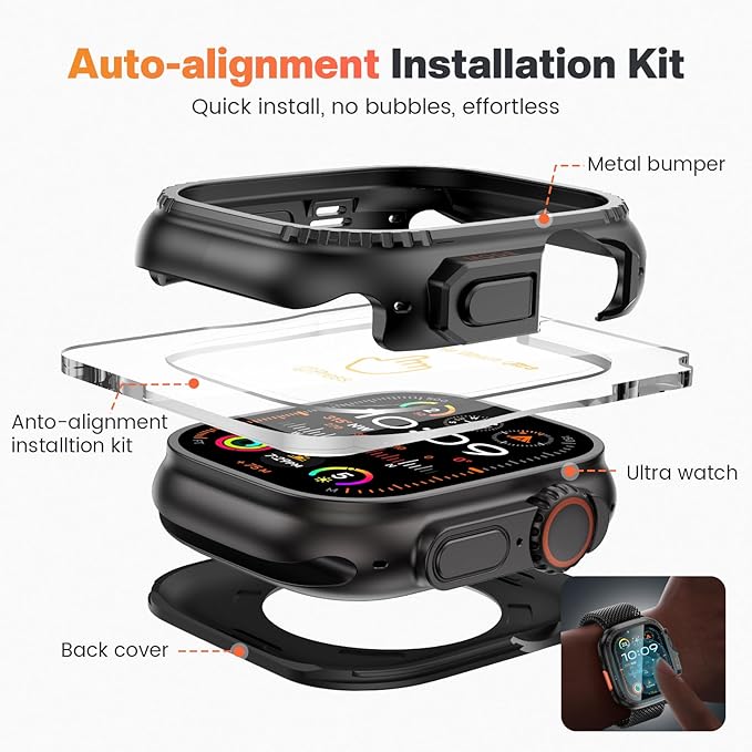 Goton Metal Case for Apple Watch Ultra 3/2/1 49mm Screen Protector, Rugged Bumper Tempered Glass with Back Cover Compatible with 2025 Ultra3 - Image 4