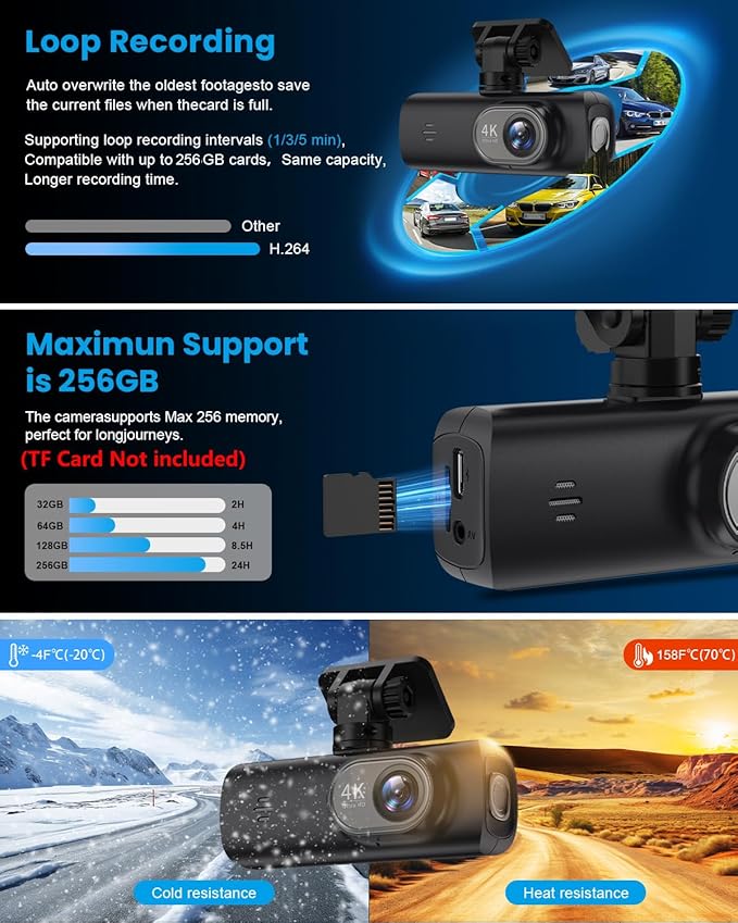 Dash Cam 4K Front, Ultra HD Dash Camera for Cars, 1.47''IPS Screen Mini Car Camera with APP Control, Built-in Wi-Fi & G-Sensor, 24H Parking Mode, Night Vision, WDR, Loop Recording, Support 256GB Max - Image 7